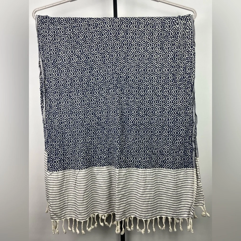 Textured Blue White‎ Striped Rectangular Scarf Beach Throw Blanket Fringe Hem